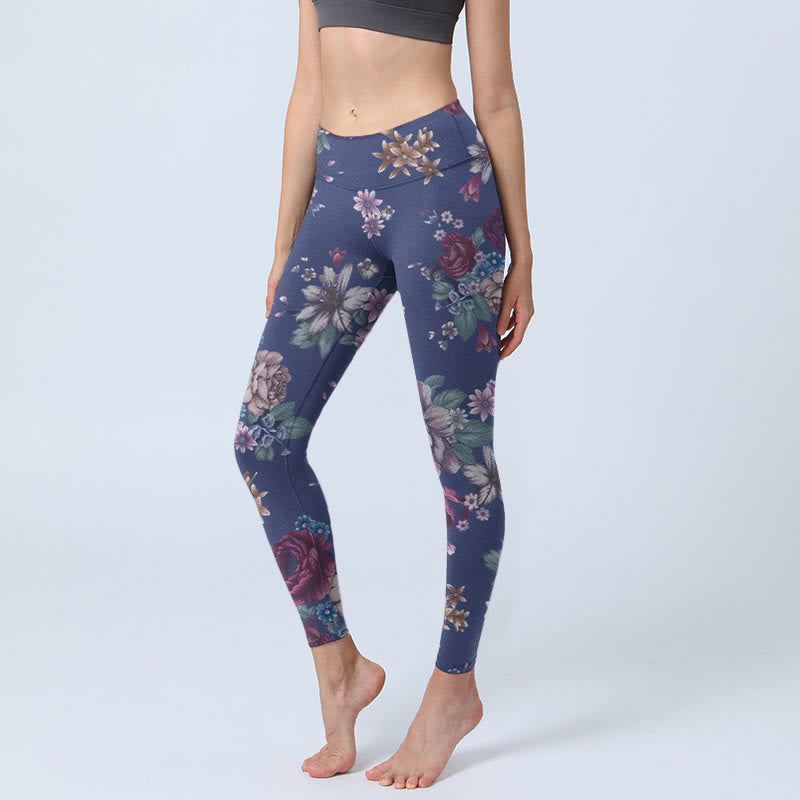 Buddha Stones Red Rose Peony Chrysanthemum Print Gym Leggings Women's Yoga Pants - SlateBlue - US18,UK/AU22,EU50 (4XL) - image 0