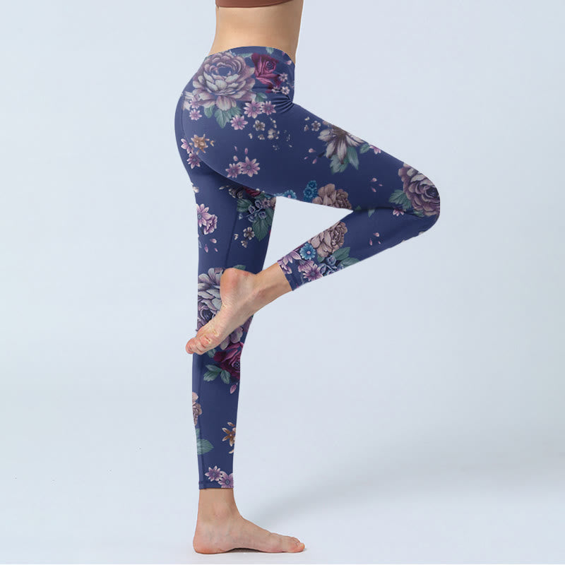 Buddha Stones Red Rose Peony Chrysanthemum Print Gym Leggings Women's Yoga Pants - image 4