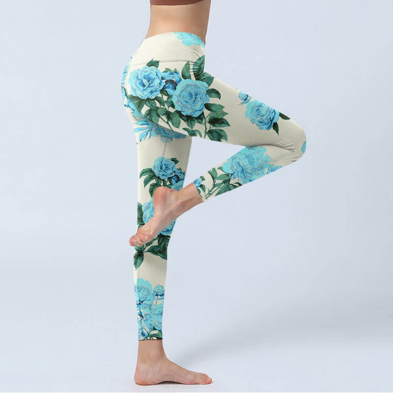 Buddha Stones White Stitching Peony Flowers Leaves Pattern Print Gym Leggings Women's Yoga Pants - image 4