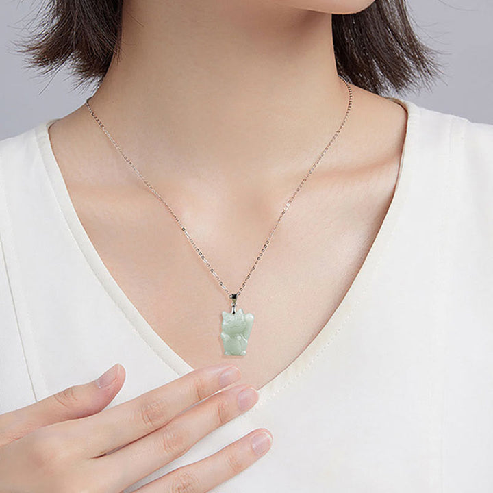 Buddha Stones 925 Sterling Silver Jade Fortune Cat Prosperity Necklace Pendant - image 6