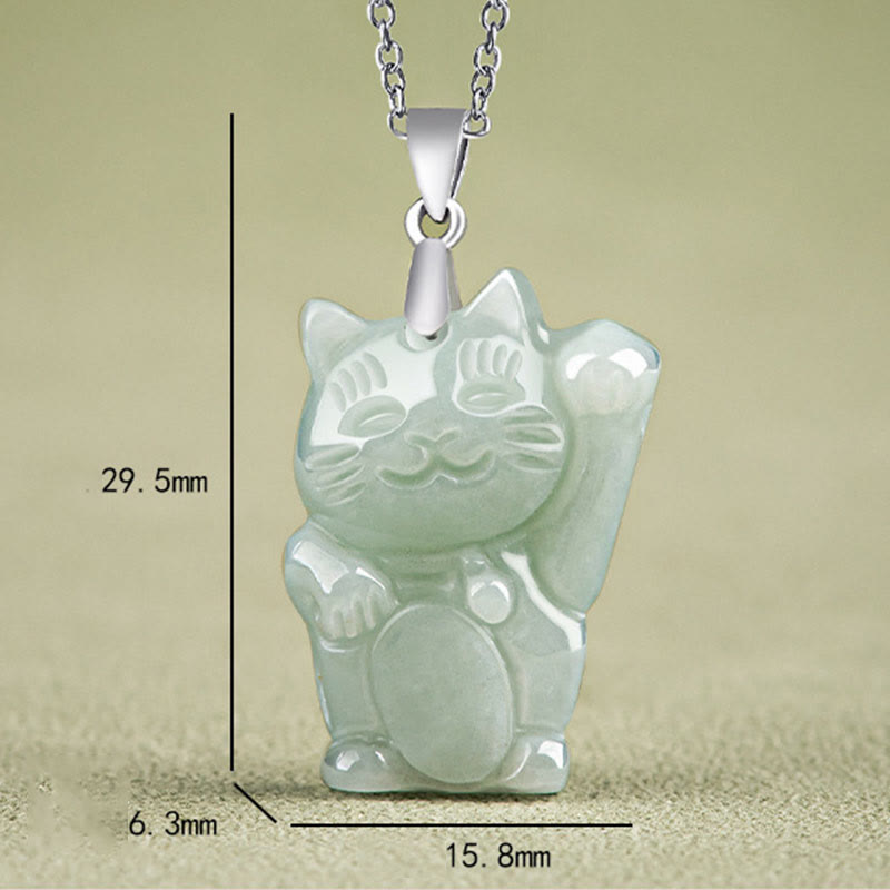 Buddha Stones 925 Sterling Silver Jade Fortune Cat Prosperity Necklace Pendant - image 4