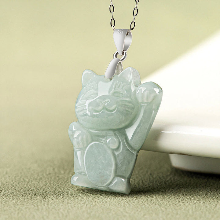 Buddha Stones 925 Sterling Silver Jade Fortune Cat Prosperity Necklace Pendant - image 1