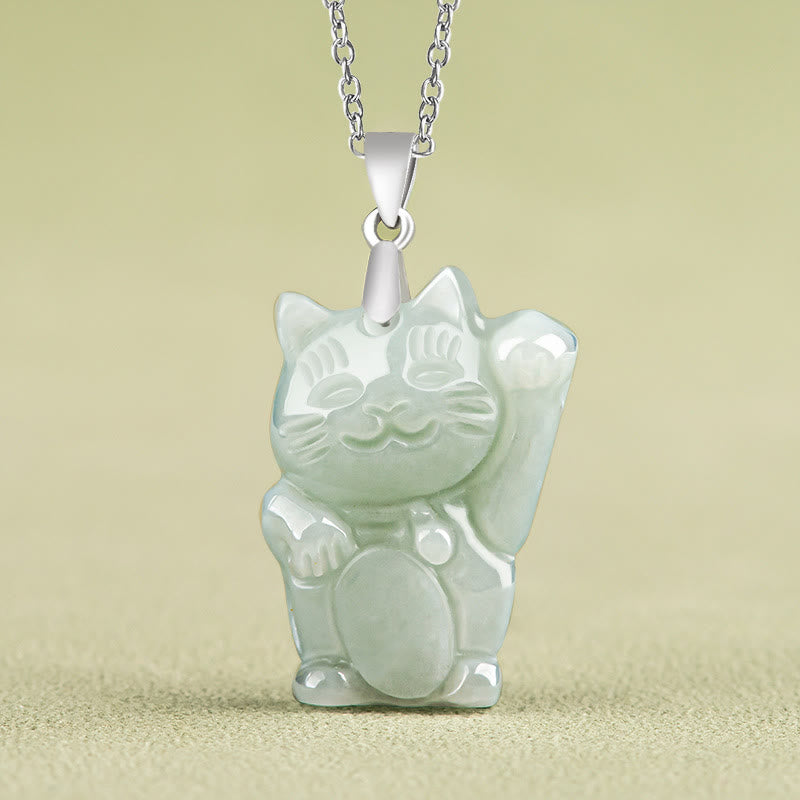 Buddha Stones 925 Sterling Silver Jade Fortune Cat Prosperity Necklace Pendant - Jade - image 0