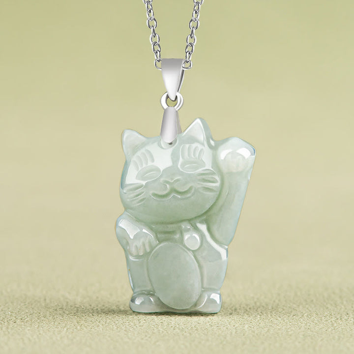Buddha Stones 925 Sterling Silver Jade Fortune Cat Prosperity Necklace Pendant - Jade - image 0