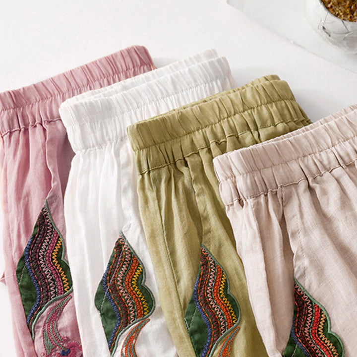 Buddha Stones Summer Embroidery Double Layer Cotton Linen Women's Wide Leg Pants With Pockets - image 30