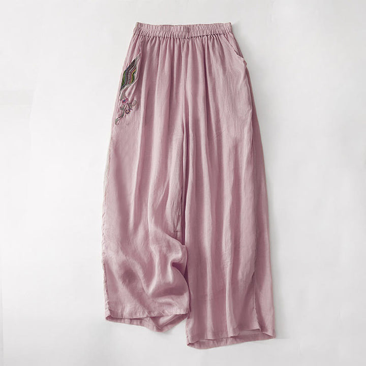 Buddha Stones Summer Embroidery Double Layer Cotton Linen Women's Wide Leg Pants With Pockets - LightPink - US8-10,UK/AU12-14,EU40-42 (2XL) - image 8