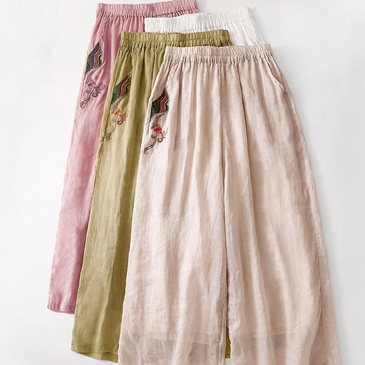 Buddha Stones Summer Embroidery Double Layer Cotton Linen Women's Wide Leg Pants With Pockets - image 31