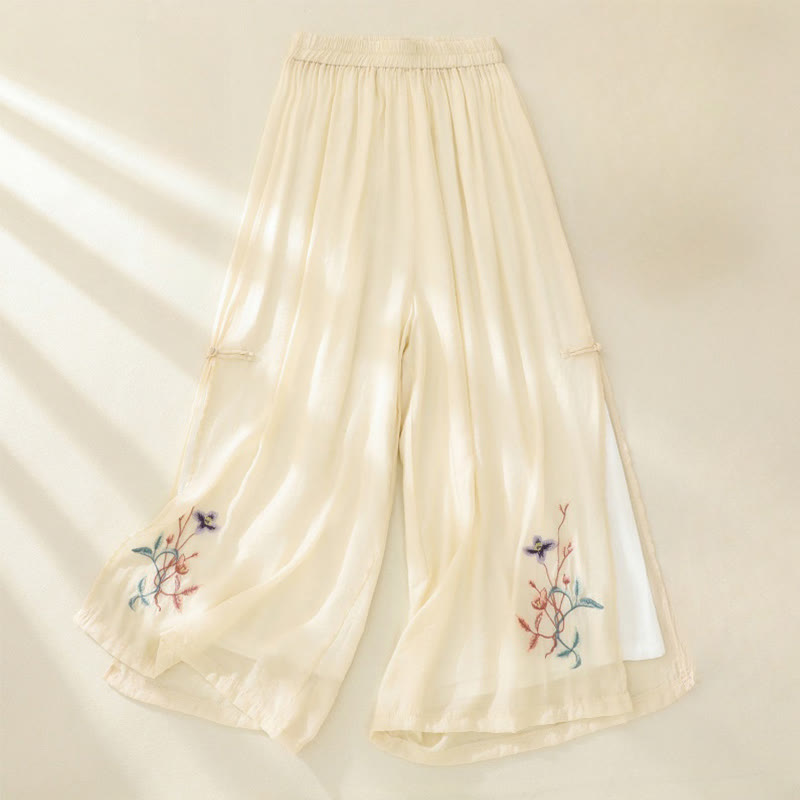 Buddha Stones Artistic Embroidery Flower Double Layer Chinese Frog Button Split Cotton Linen Women's Wide Leg Pants - LightGoldenrodYellow - US8-10,UK/AU12-14,EU40-42 (2XL) - image 6