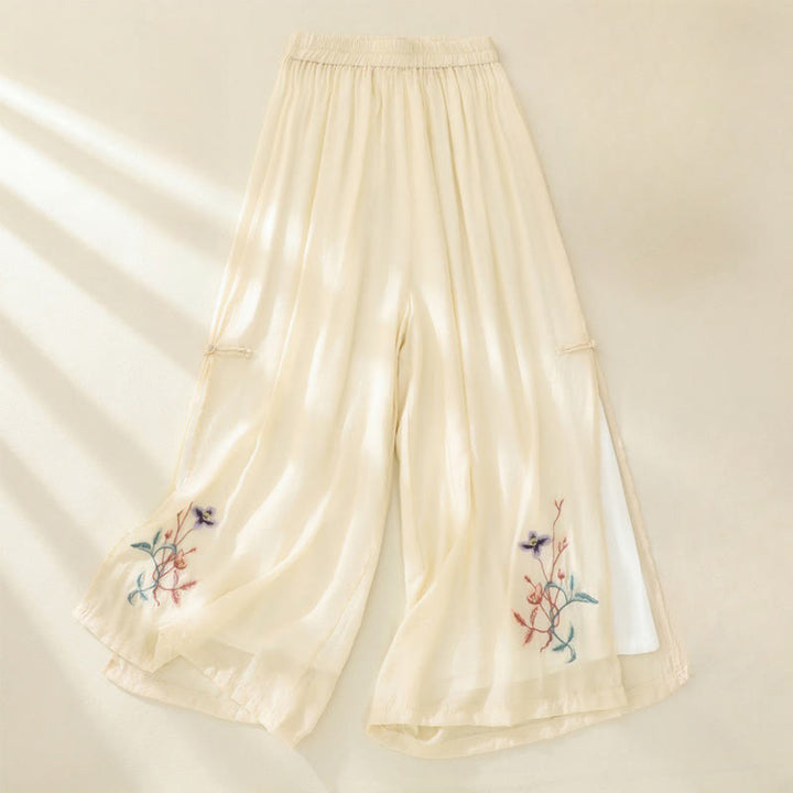 Buddha Stones Artistic Embroidery Flower Double Layer Chinese Frog Button Split Cotton Linen Women's Wide Leg Pants - LightGoldenrodYellow - US8-10,UK/AU12-14,EU40-42 (2XL) - image 6