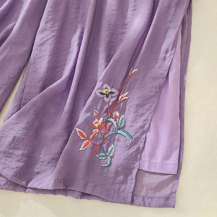 Buddha Stones Artistic Embroidery Flower Double Layer Chinese Frog Button Split Cotton Linen Women's Wide Leg Pants - image 12