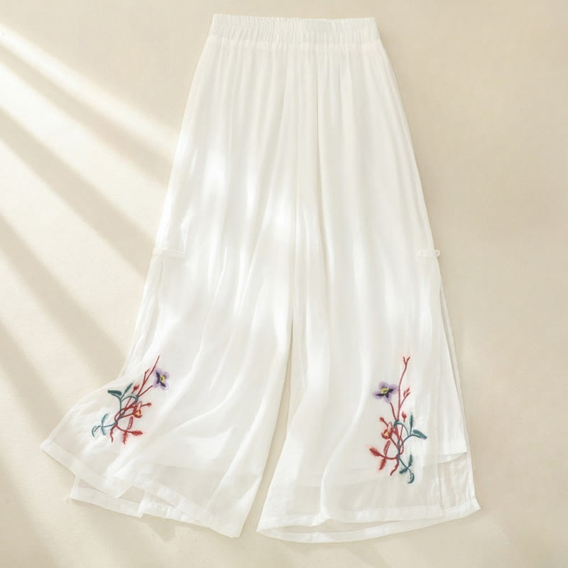 Buddha Stones Artistic Embroidery Flower Double Layer Chinese Frog Button Split Cotton Linen Women's Wide Leg Pants - White - US8-10,UK/AU12-14,EU40-42 (2XL) - image 3