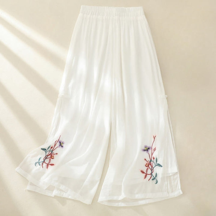 Buddha Stones Artistic Embroidery Flower Double Layer Chinese Frog Button Split Cotton Linen Women's Wide Leg Pants - White - US8-10,UK/AU12-14,EU40-42 (2XL) - image 3