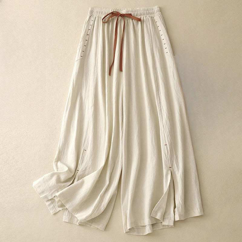 Buddha Stones Casual Simple Design Drawstring Split Cotton Linen Women's Wide Leg Pants With Pockets - Beige - US8-10,UK/AU12-14,EU40-42 (2XL) - image 5