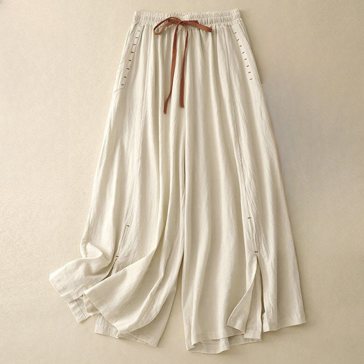 Buddha Stones Casual Simple Design Drawstring Split Cotton Linen Women's Wide Leg Pants With Pockets - Beige - US8-10,UK/AU12-14,EU40-42 (2XL) - image 5