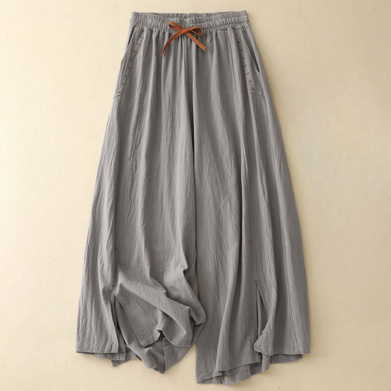 Buddha Stones Casual Simple Design Drawstring Split Cotton Linen Women's Wide Leg Pants With Pockets - LightSlateGray - US8-10,UK/AU12-14,EU40-42 (2XL) - image 15