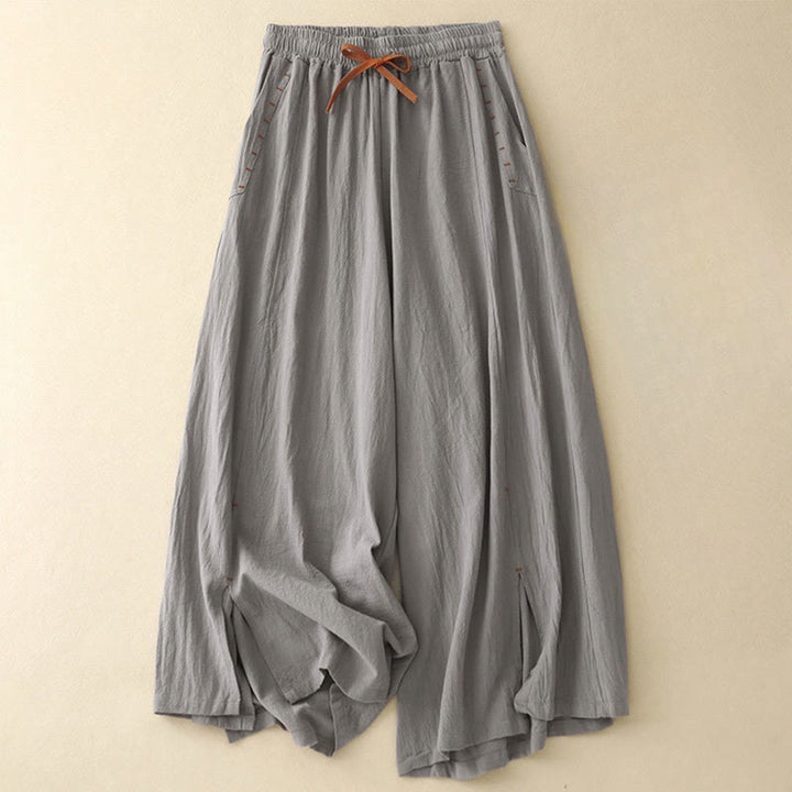 Buddha Stones Casual Simple Design Drawstring Split Cotton Linen Women's Wide Leg Pants With Pockets - LightSlateGray - US8-10,UK/AU12-14,EU40-42 (2XL) - image 15