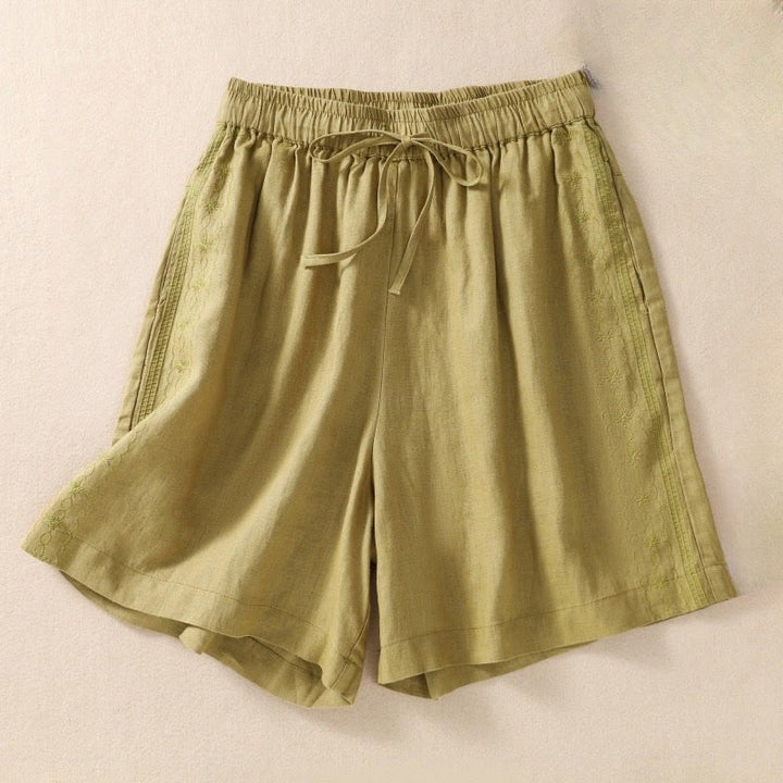 Buddha Stones Casual Floral Embroidery Pattern Drawstring Cotton Linen Women's Shorts With Pockets - YellowGreen - US8-10,UK/AU12-14,EU40-42 (2XL) - image 15