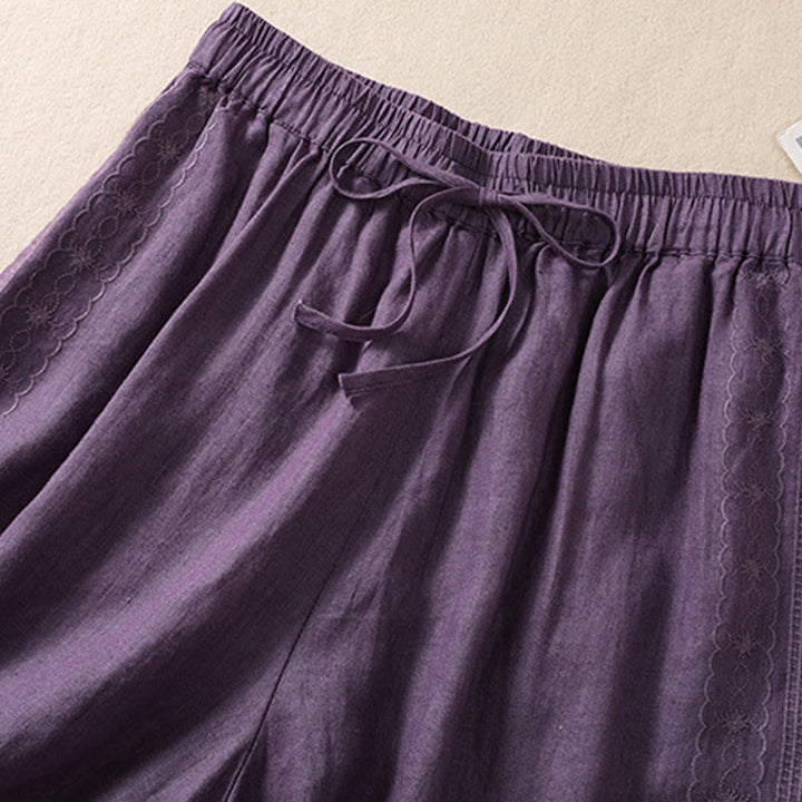 Buddha Stones Casual Floral Embroidery Pattern Drawstring Cotton Linen Women's Shorts With Pockets - image 2