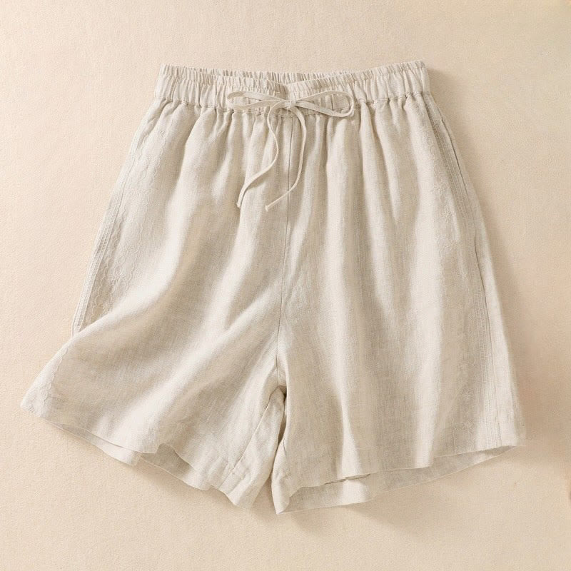 Buddha Stones Casual Floral Embroidery Pattern Drawstring Cotton Linen Women's Shorts With Pockets - Beige - US8-10,UK/AU12-14,EU40-42 (2XL) - image 9