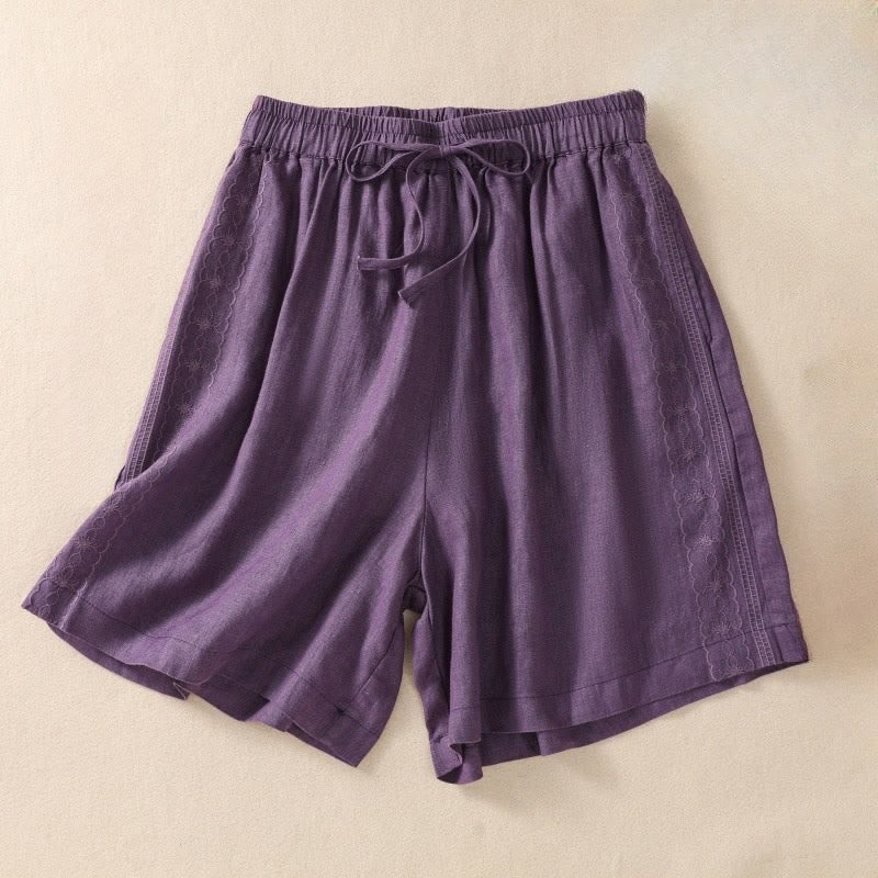 Buddha Stones Casual Floral Embroidery Pattern Drawstring Cotton Linen Women's Shorts With Pockets - DarkMagenta - US8-10,UK/AU12-14,EU40-42 (2XL) - image 0