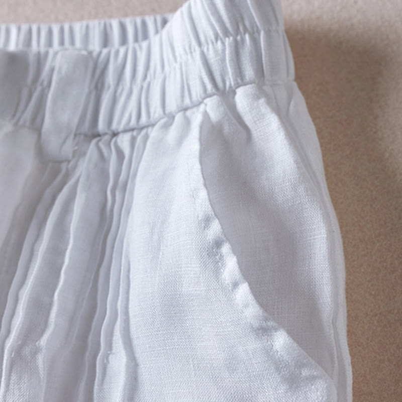 Buddha Stones Summer Daily Simple Wrinkle Design Cotton Linen Women's Shorts With Pockets - image 18