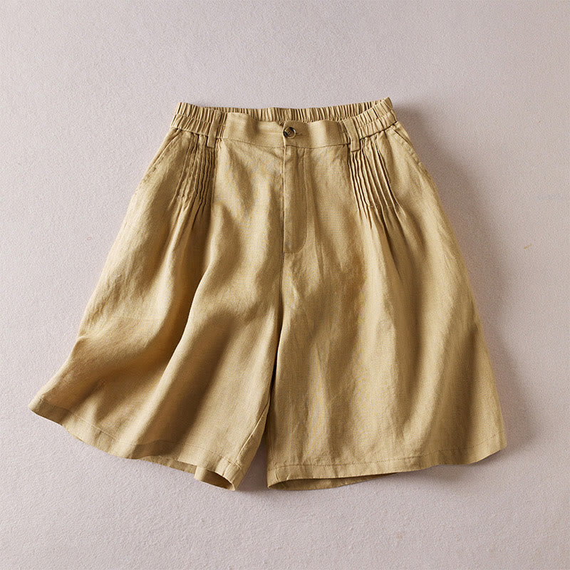 Buddha Stones Summer Daily Simple Wrinkle Design Cotton Linen Women's Shorts With Pockets - Khaki - US8-10,UK/AU12-14,EU40-42 (2XL) - image 28