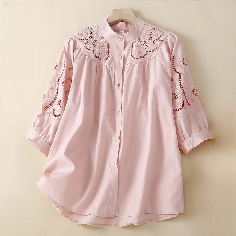 Buddha Stones Casual Embroidery Flower Hole Design Three Quarter Sleeve Cotton Linen Women's Shirt - LightPink - US12,UK/AU16,EU44 (3XL) - image 0