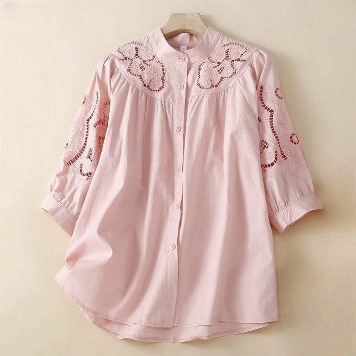 Buddha Stones Casual Embroidery Flower Hole Design Three Quarter Sleeve Cotton Linen Women's Shirt - LightPink - US12,UK/AU16,EU44 (3XL) - image 0