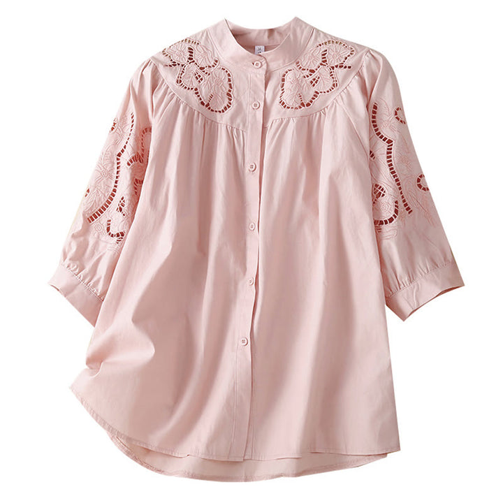 Buddha Stones Casual Embroidery Flower Hole Design Three Quarter Sleeve Cotton Linen Women's Shirt - image 7