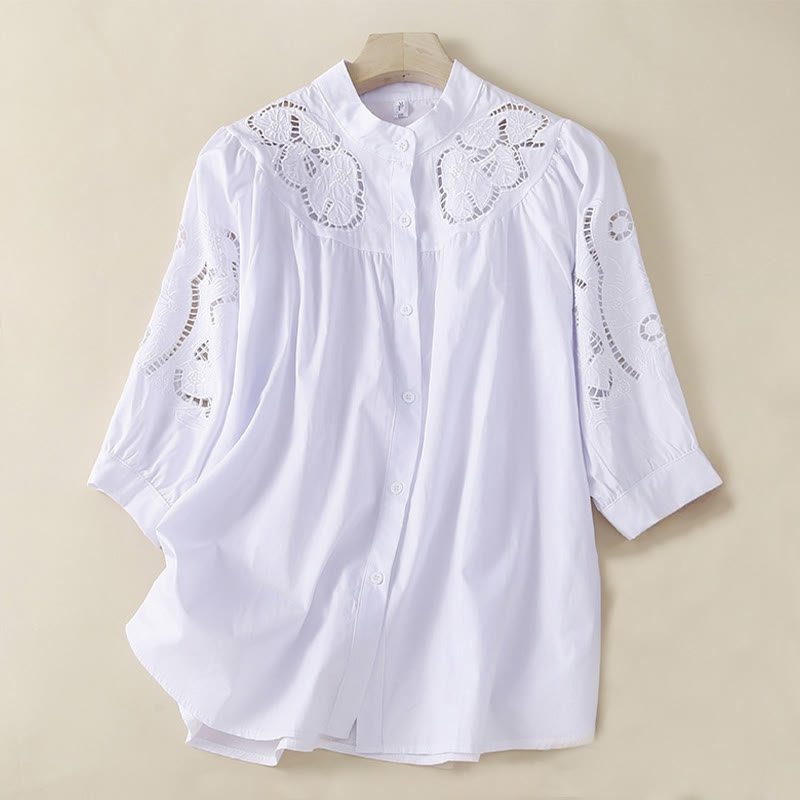 Buddha Stones Casual Embroidery Flower Hole Design Three Quarter Sleeve Cotton Linen Women's Shirt - White - US12,UK/AU16,EU44 (3XL) - image 12