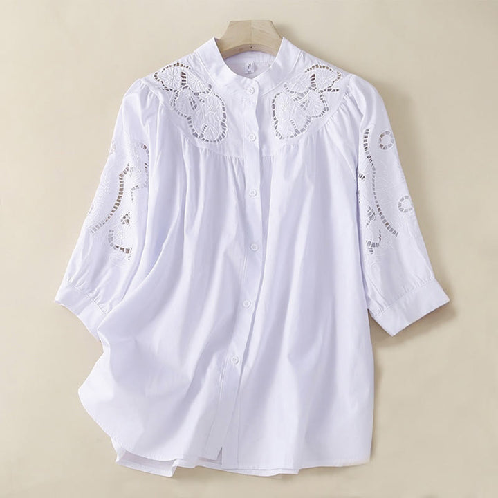 Buddha Stones Casual Embroidery Flower Hole Design Three Quarter Sleeve Cotton Linen Women's Shirt - White - US12,UK/AU16,EU44 (3XL) - image 12