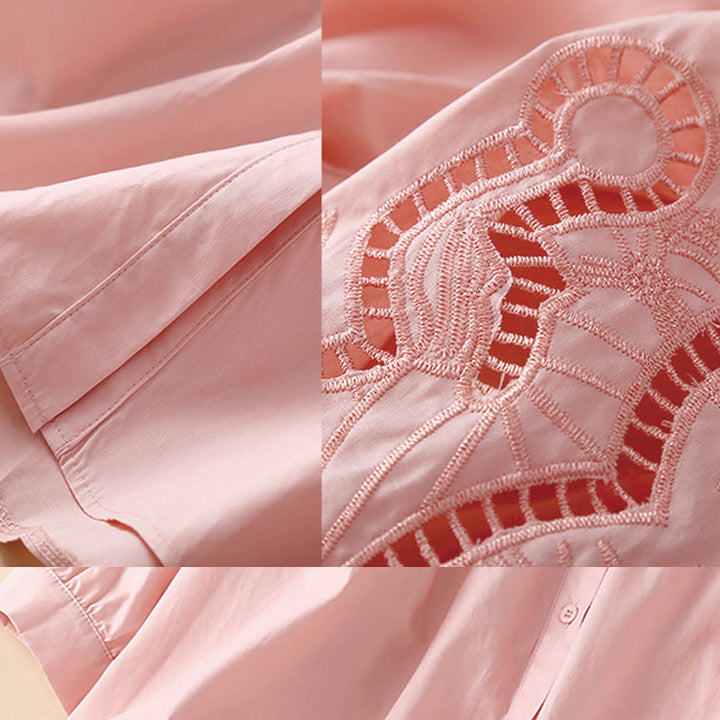 Buddha Stones Casual Embroidery Flower Hole Design Three Quarter Sleeve Cotton Linen Women's Shirt - image 6