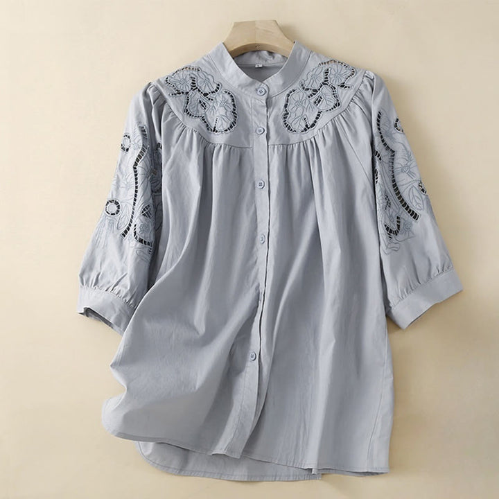 Buddha Stones Casual Embroidery Flower Hole Design Three Quarter Sleeve Cotton Linen Women's Shirt - LightSteelBlue - US12,UK/AU16,EU44 (3XL) - image 8