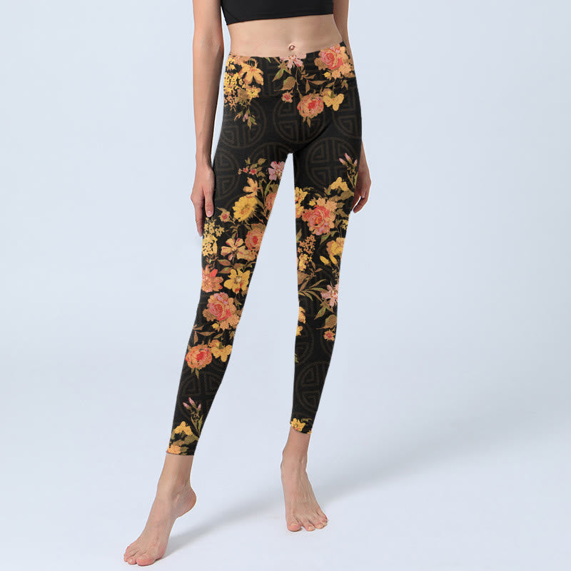 Buddha Stones Yellow Pink Flowers Green Leaves Print Gym Fitness Leggings Women's Yoga Pants - image 5