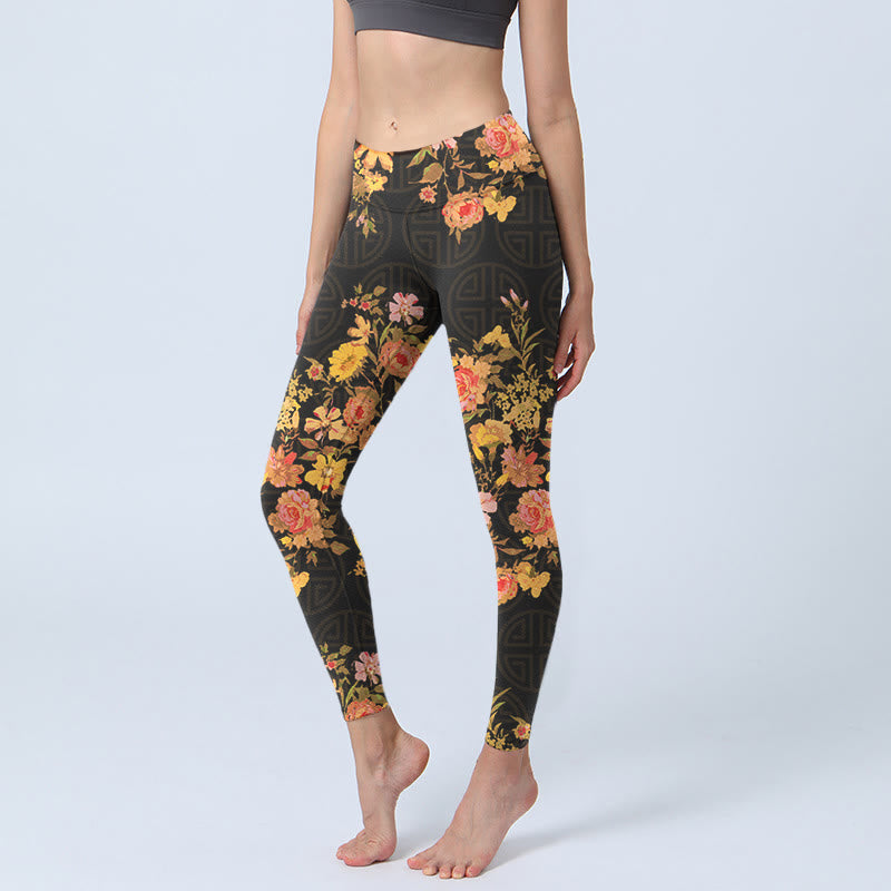 Buddha Stones Yellow Pink Flowers Green Leaves Print Gym Fitness Leggings Women's Yoga Pants - Black - US18,UK/AU22,EU50 (4XL) - image 0