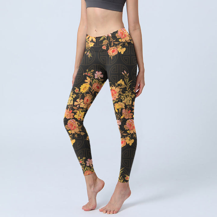 Buddha Stones Yellow Pink Flowers Green Leaves Print Gym Fitness Leggings Women's Yoga Pants - Black - US18,UK/AU22,EU50 (4XL) - image 0