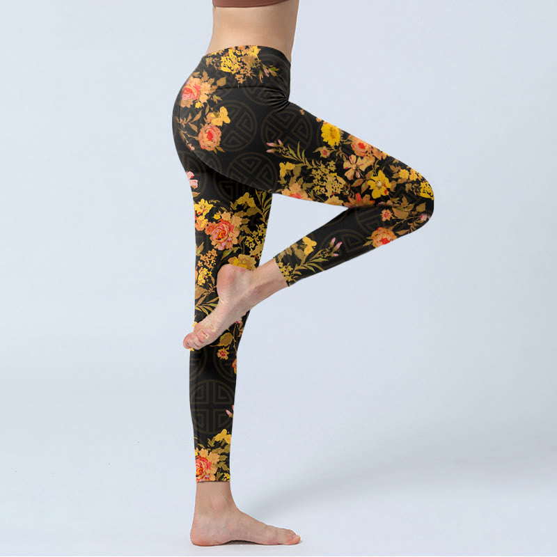 Buddha Stones Yellow Pink Flowers Green Leaves Print Gym Fitness Leggings Women's Yoga Pants - image 3