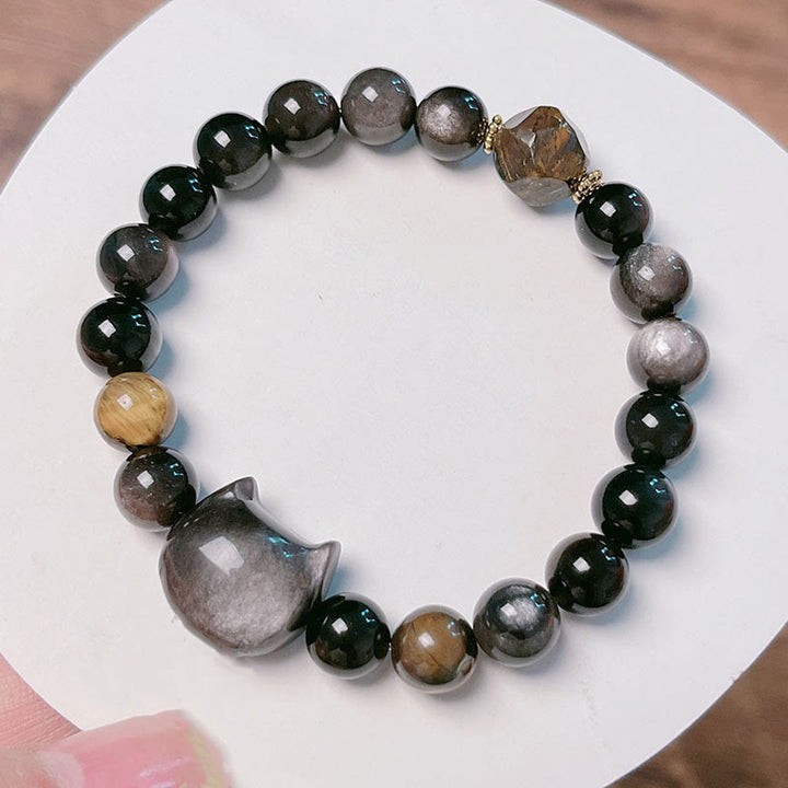 Buddha Stones Natural Silver Sheen Obsidian Beads Cute Cat Soothing Bracelet - image 9