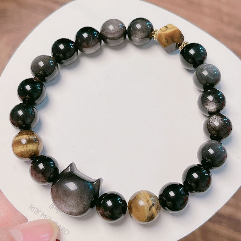 Buddha Stones Natural Silver Sheen Obsidian Beads Cute Cat Soothing Bracelet - image 10