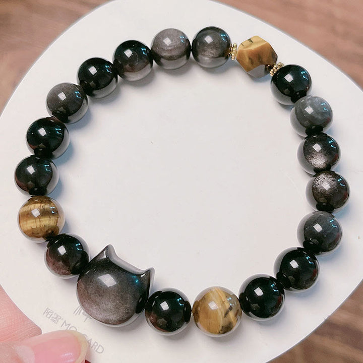 Buddha Stones Natural Silver Sheen Obsidian Beads Cute Cat Soothing Bracelet - image 10