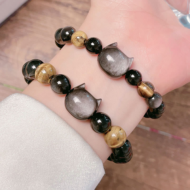 Buddha Stones Natural Silver Sheen Obsidian Beads Cute Cat Soothing Bracelet - image 8