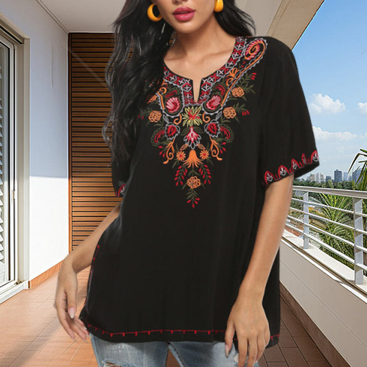 Buddha Stones Black Casual Embroidery Flower Design Half Sleeve Notched Cotton Women's T-Shirt - Black - US12,UK/AU16,EU44 (3XL) - image 0