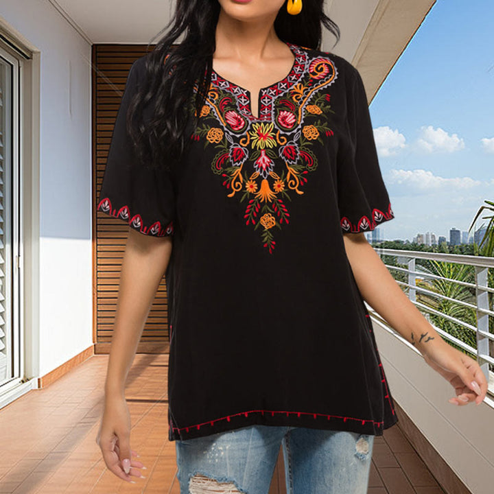 Buddha Stones Black Casual Embroidery Flower Design Half Sleeve Notched Cotton Women's T-Shirt - image 3