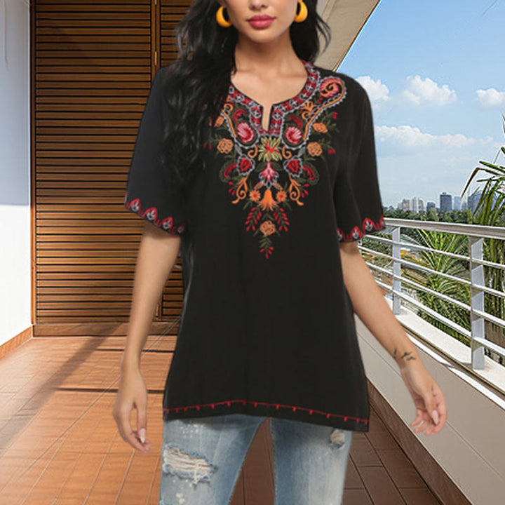 Buddha Stones Black Casual Embroidery Flower Design Half Sleeve Notched Cotton Women's T-Shirt - image 4
