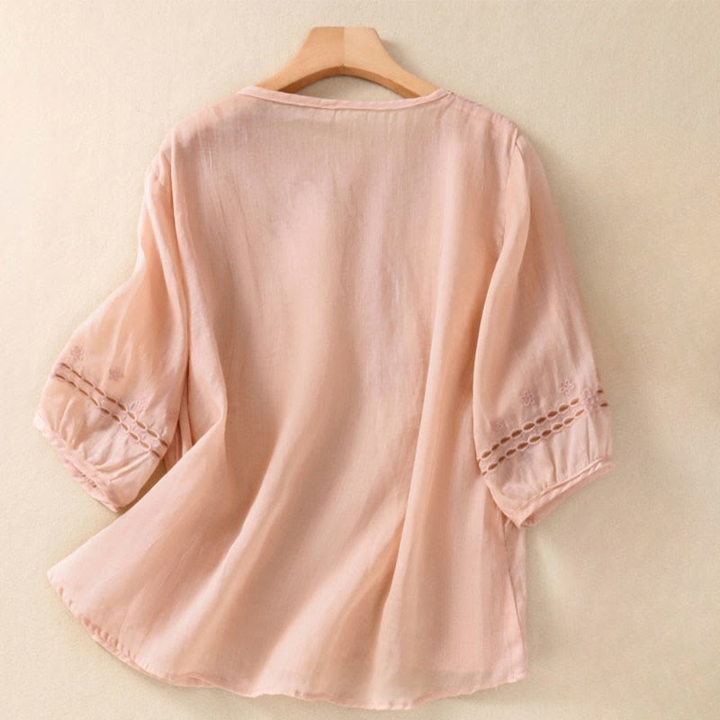 Buddha Stones Artistic Plain Floral Embroidered Design Crew Neck Puff Half Sleeve Cotton Linen Women's T-Shirt - MistyRose - US8-10,UK/AU12-14,EU40-42 (2XL) - image 5