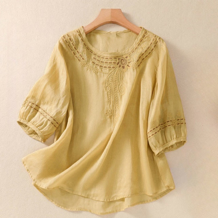 Buddha Stones Artistic Plain Floral Embroidered Design Crew Neck Puff Half Sleeve Cotton Linen Women's T-Shirt - Khaki - US8-10,UK/AU12-14,EU40-42 (2XL) - image 12