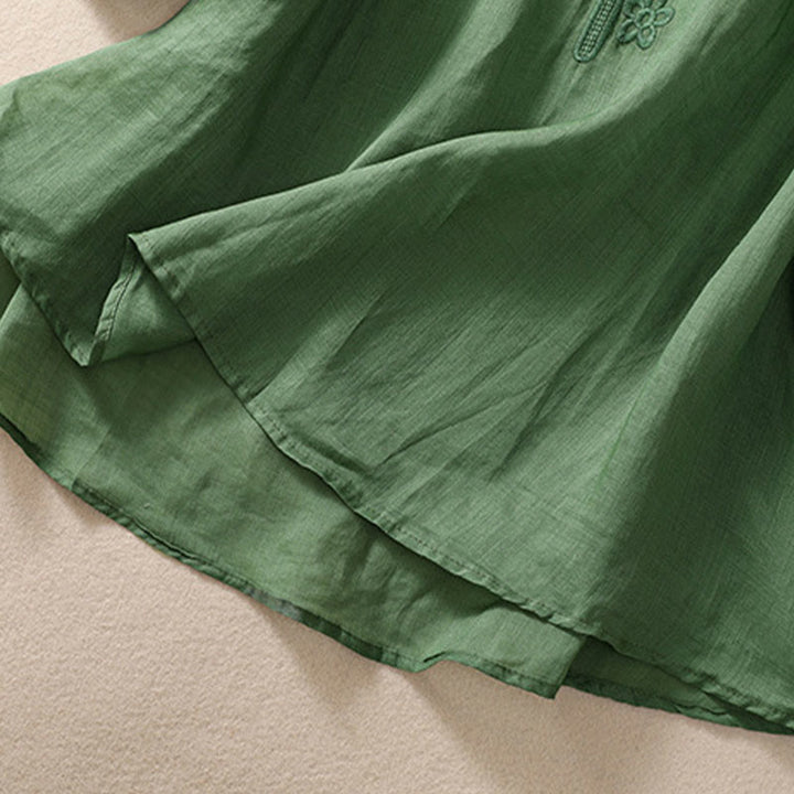 Buddha Stones Artistic Plain Floral Embroidered Design Crew Neck Puff Half Sleeve Cotton Linen Women's T-Shirt - image 24