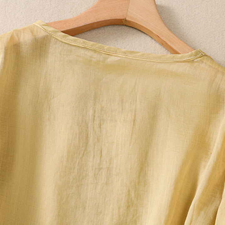 Buddha Stones Artistic Plain Floral Embroidered Design Crew Neck Puff Half Sleeve Cotton Linen Women's T-Shirt - image 16