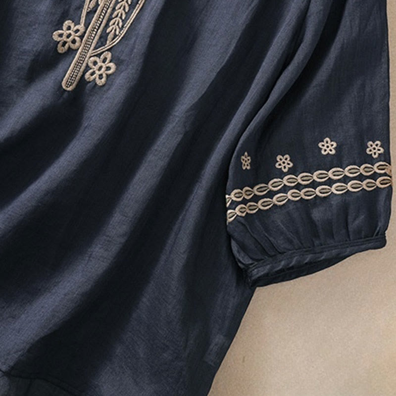 Buddha Stones Artistic Plain Floral Embroidered Design Crew Neck Puff Half Sleeve Cotton Linen Women's T-Shirt - image 3