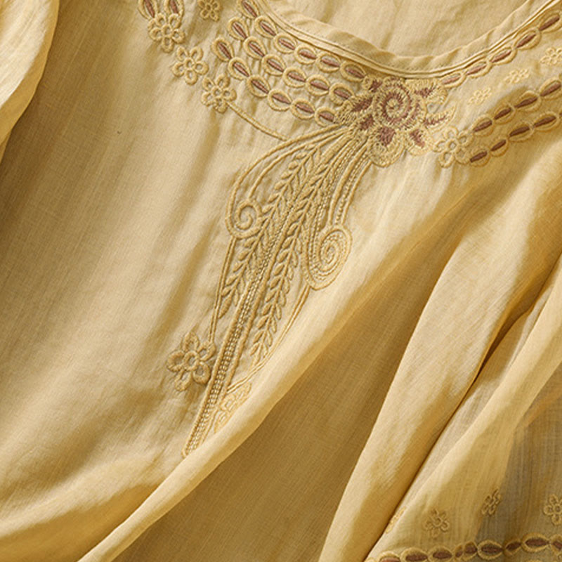 Buddha Stones Artistic Plain Floral Embroidered Design Crew Neck Puff Half Sleeve Cotton Linen Women's T-Shirt - image 15